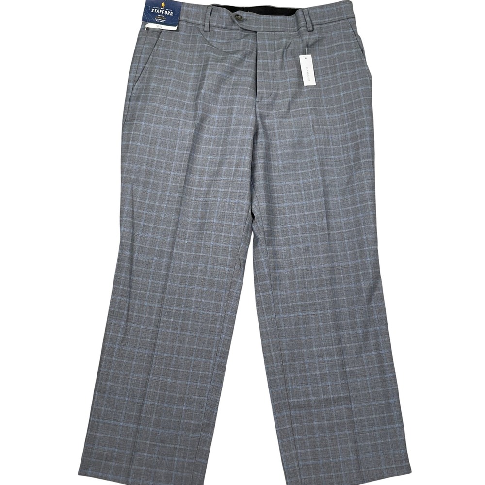 Stafford Men Pants 34W 29L ACT 26L Gray Blue Plaid Travel Classic Fit Trousers